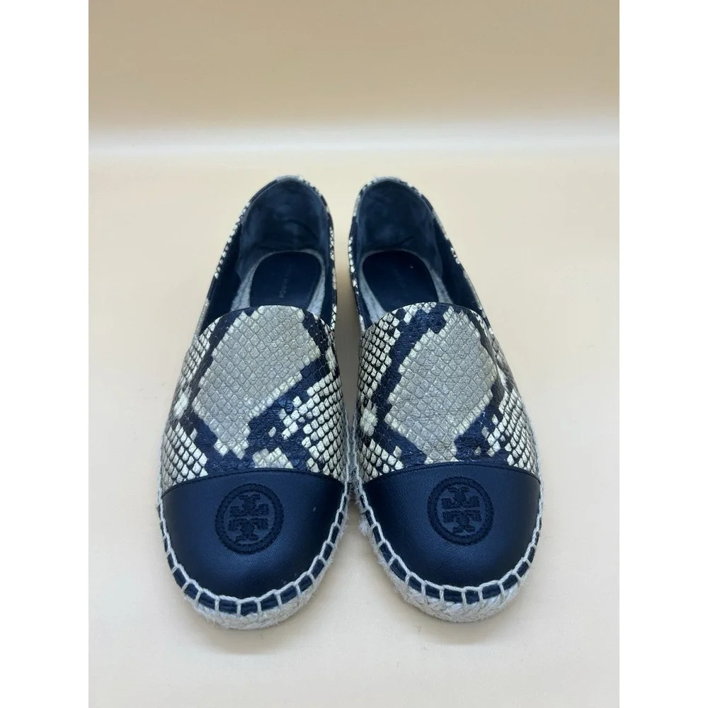 Tory Burch Snake Embossed Espadrille Flats Women's Size 9 Black Beige 12423